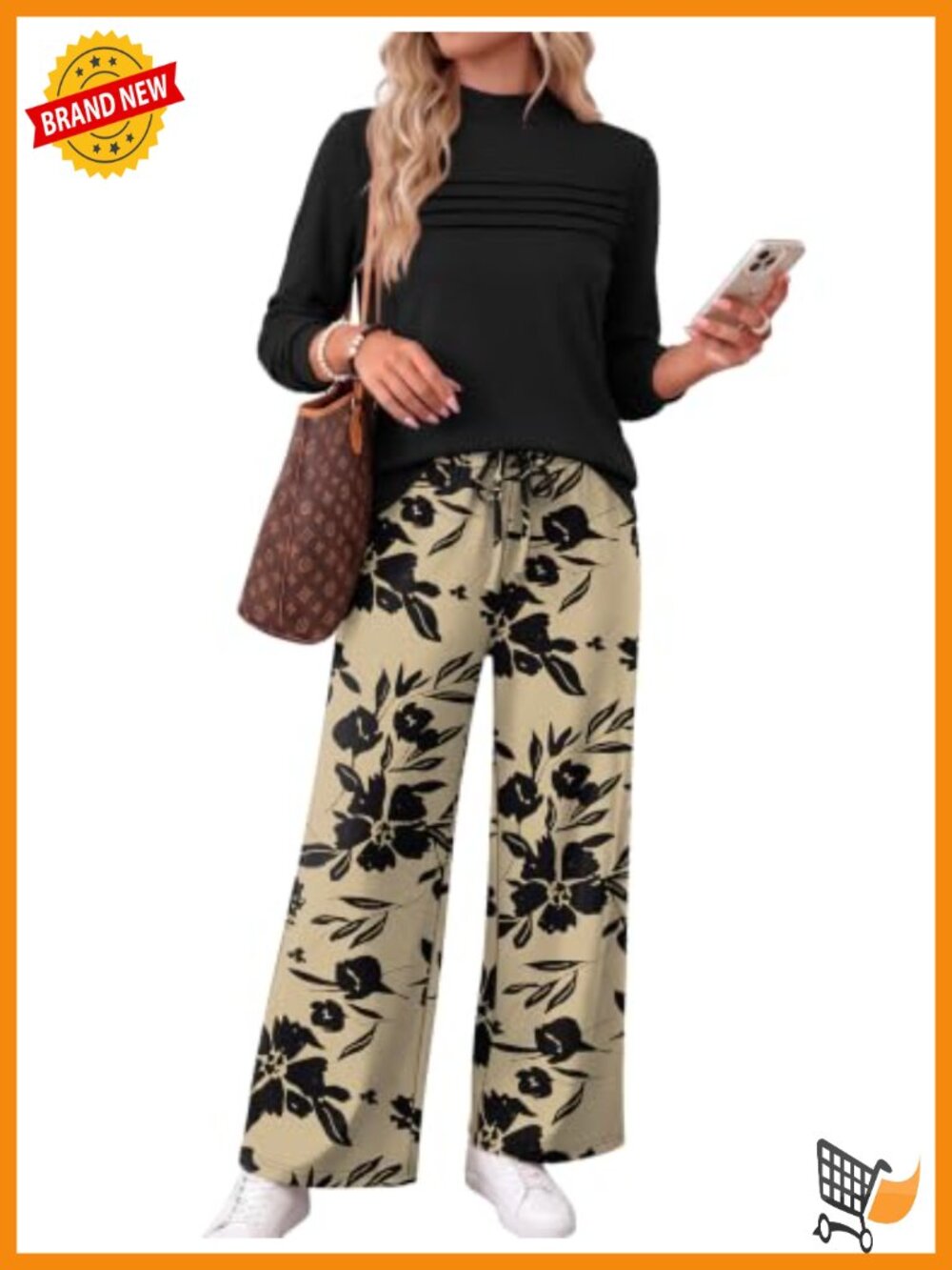 WIHOLL Two Piece Set Mock Neck Long Sleeve Top Wide Leg Pants Travel Casual
